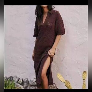 Free People FP Beach Crochet Knit Eyelet Sweater Dress Maxi in Brown size small